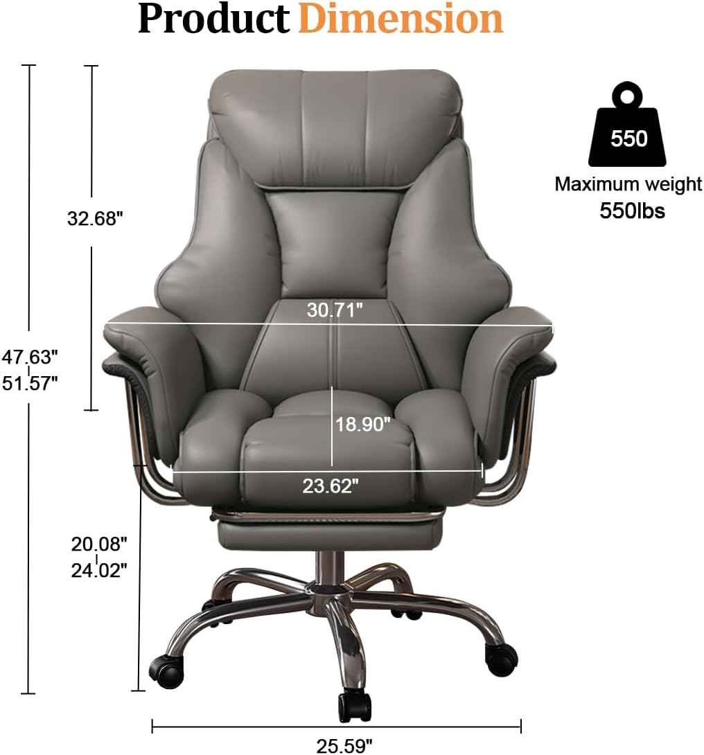 Big and Tall Office Chair 550 lbs Extra Wide Leather Executive Chair with Retractable Footrest, Heavy-Duty Ergonomic Chair, Adjustable Height Computer Gaming Chairs