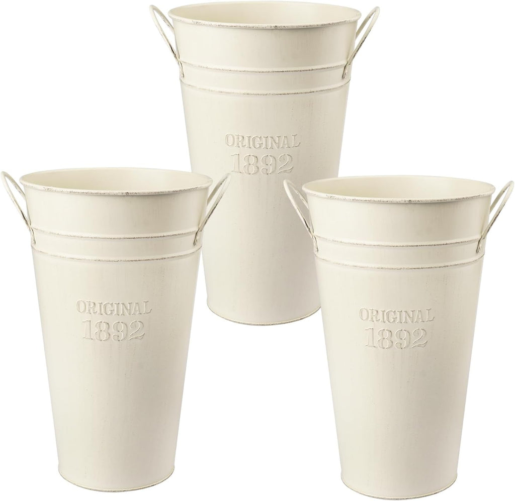 3 PCS 12 Inch Rustic Galvanized Flower Vases, Farmhouse French Buckets for Beautiful Floral Arrangements, Home Decor or Weddings and Events