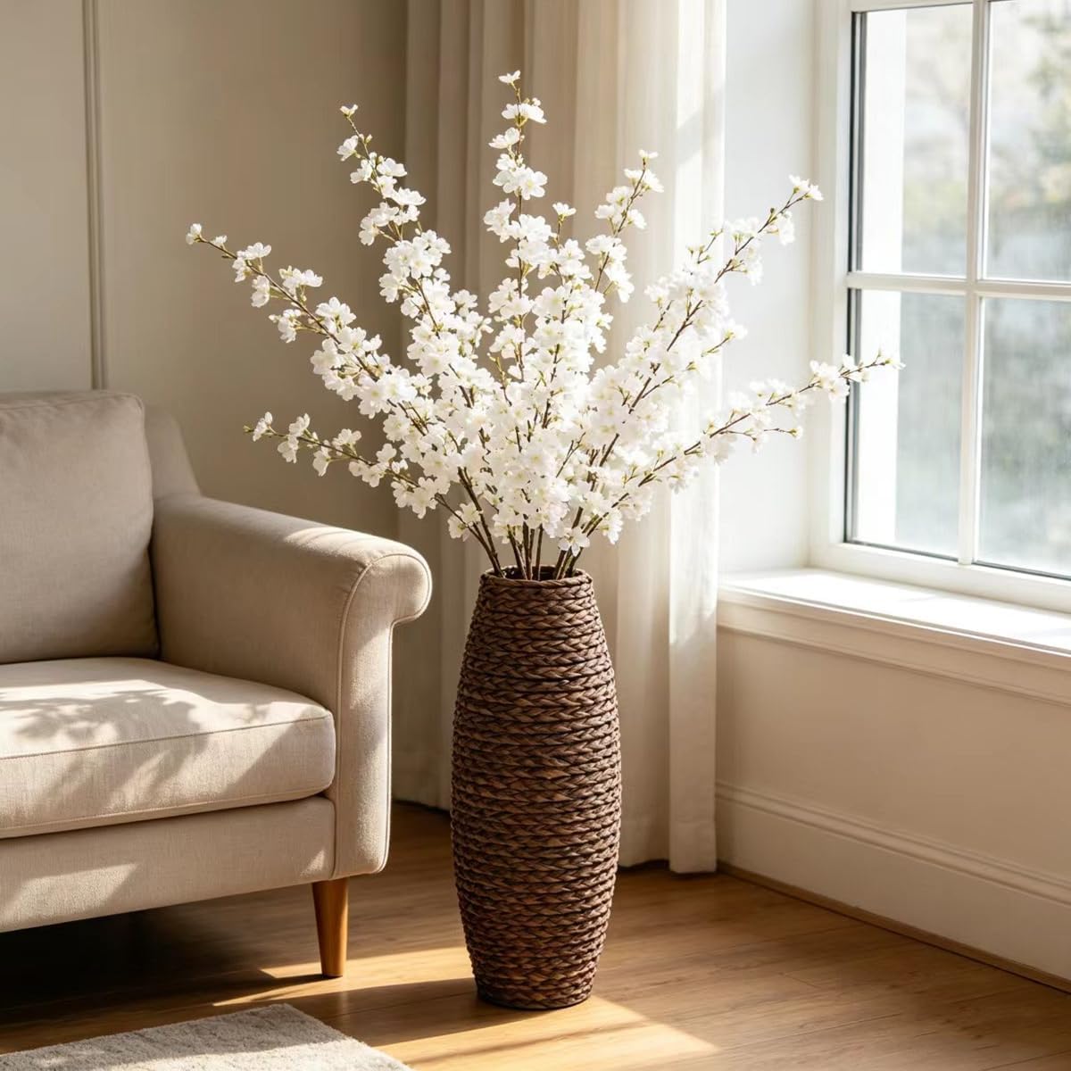 Hosley 20” Woven Floor Vase – Natural Wood & Grass Tall Decorative Vase for Pampas, Living Room, Entryway & Home Décor