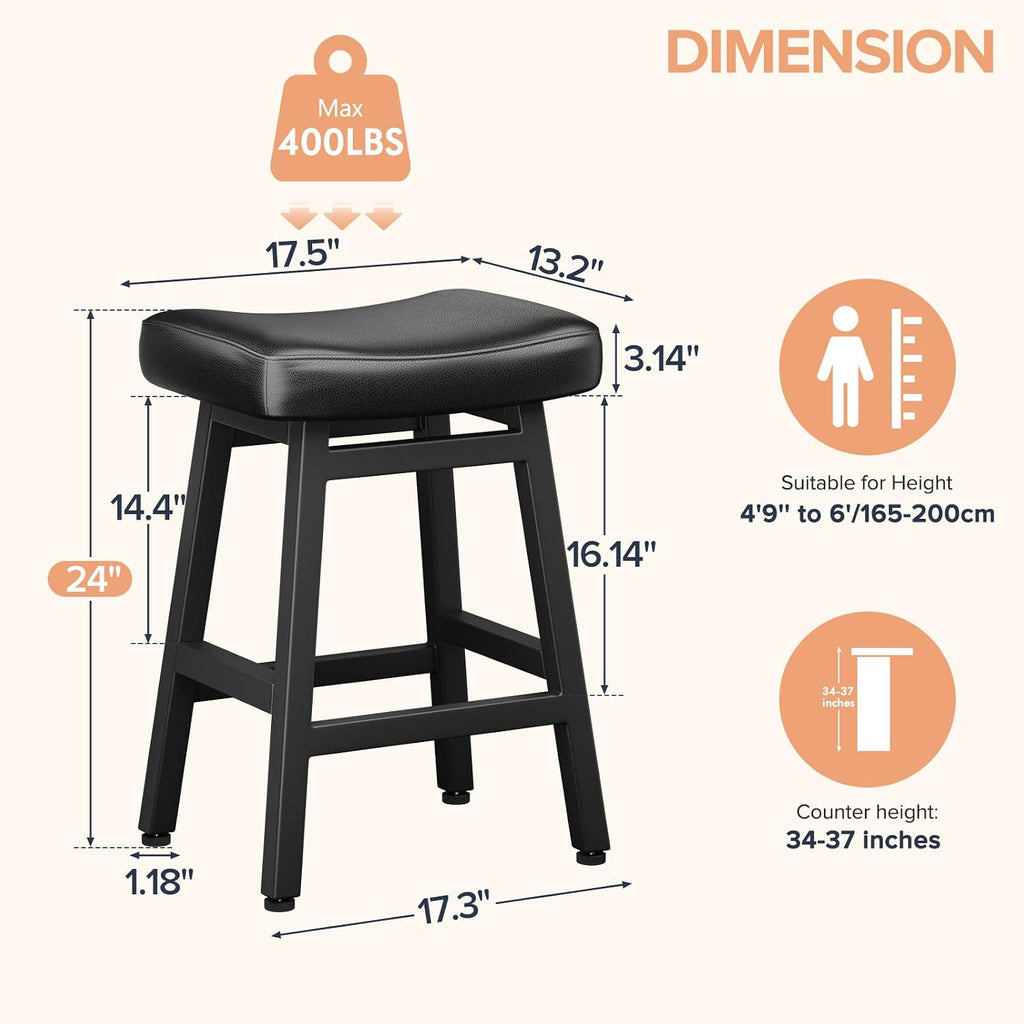 Raynesys 24 Inche Bonded Leather Counter Height Bar Stools Set of 2 Curved | Barstools with Curved Bonded Leather Seats & Heavy Duty Metal Legs for Kitchen Counter, Easy Assembly, All Black