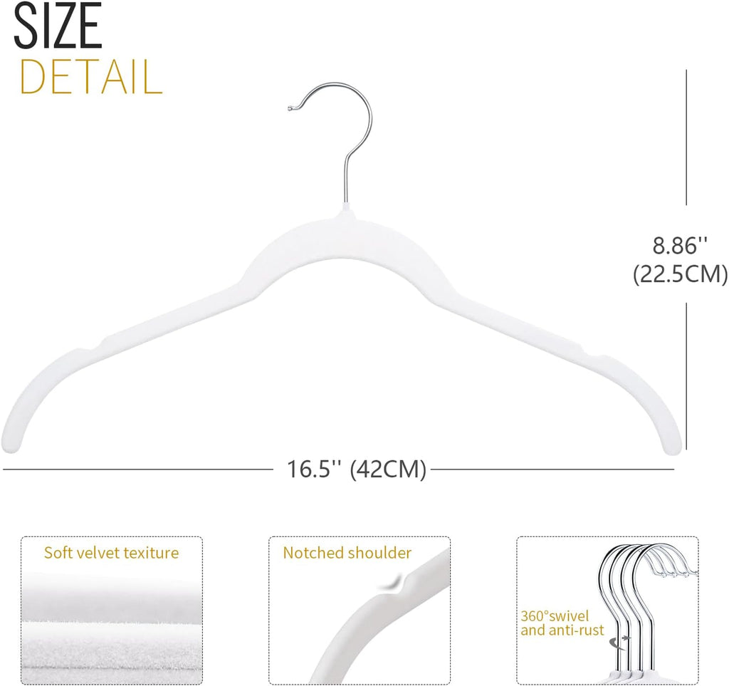 ManGotree Velvet Shirt Hangers for Women, 16.5'' Suit Hangers with Shoulder Groove, Non-Slip Dress Clothes Hanger for Coats, Tank Tops, Shirts, Blouses, Shorts (22 Pack, White)
