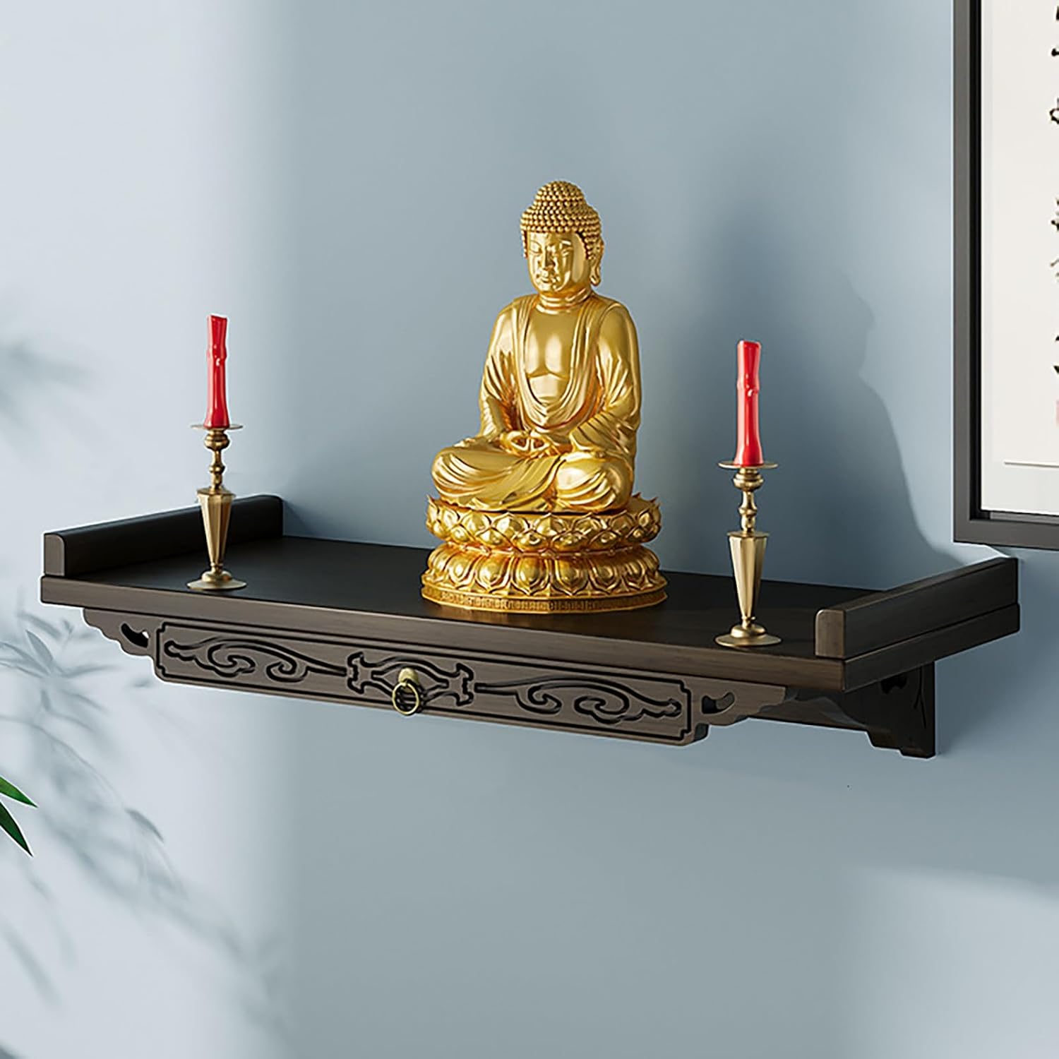 Chinese Personal Buddha Niches Shrine Meditation Table, Bamboo Meditation Altar Table Buddhist Prayer Altar Cabinet for Small Spaces(Brown A,66cm/26in)