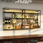 Black Wall Mounted Wine Rack with Hanging Stemware Glass Holder, 4 Tier Liquor Bottle Display Shelf, Floating Bar Storage Organizer for Home, Kitchen, Restaurant, Liquor Cabinet Decor (Gold, 95in)