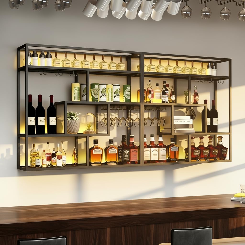 Black Wall Mounted Wine Rack with Hanging Stemware Glass Holder, 4 Tier Liquor Bottle Display Shelf, Floating Bar Storage Organizer for Home, Kitchen, Restaurant, Liquor Cabinet Decor (Gold, 95in)