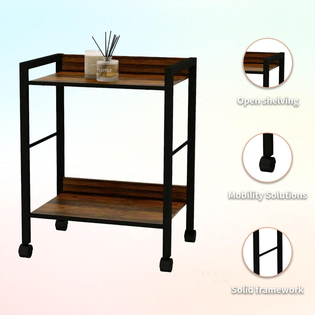 Rolling Side Table & Nightstand, 2-Tier Industrial End Table with Wood Shelves on Wheels, Mobile Sofa Table, Rustic Walnut Small Storage Cart for Living Room, Bedroom, Office.Brown