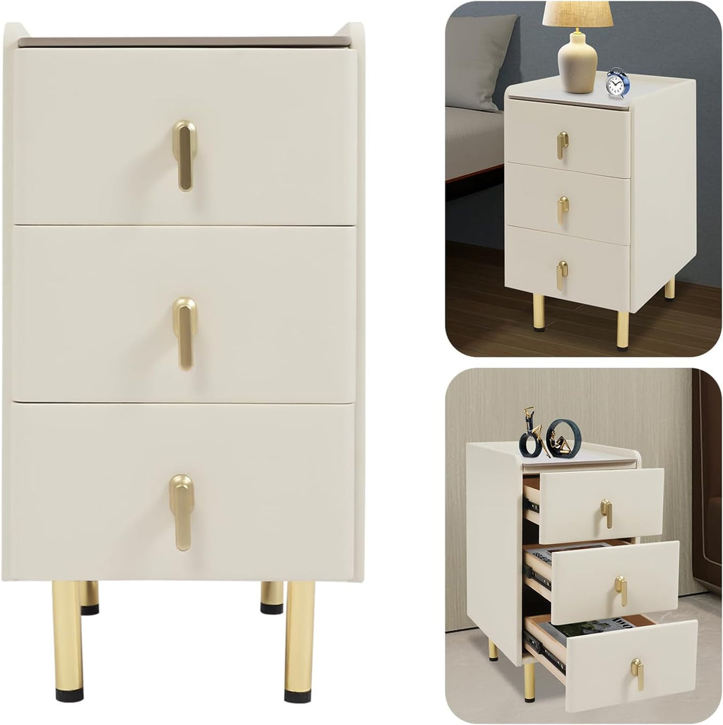 Narrow Nightstand with 3 Drawers, PU Bedside Cabinet, Simple Bedside Table Furniture, End Table with Metal Legs for Bedroom, Living Room (Cream White)