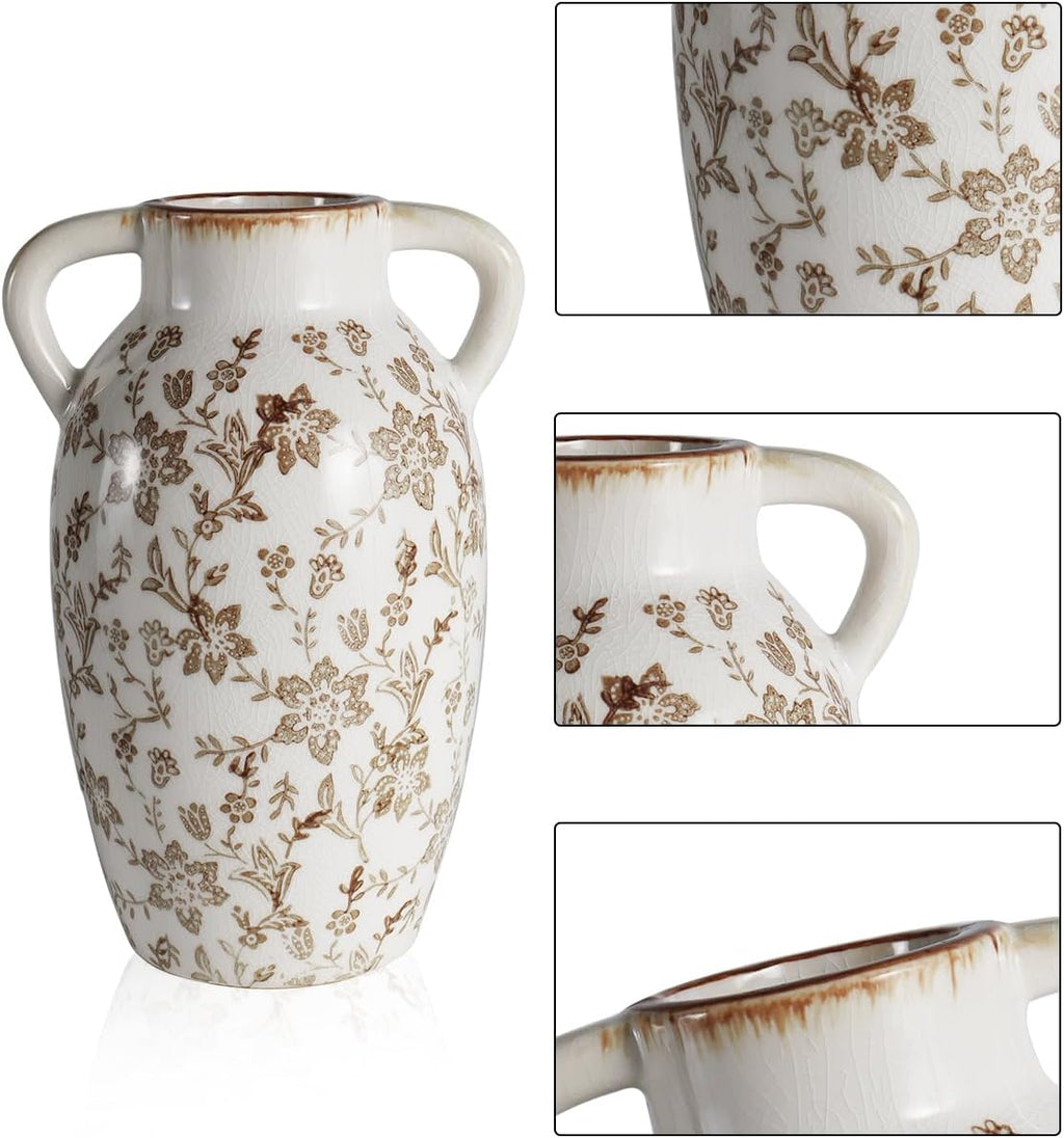 Vintage Ceramic Vase with Handles, 9.45 Inch Crackle Glaze Floral Pattern Vase, Rustic Farmhouse Decorative Flower Vase for Table Centerpieces, Boho & Chinoiserie Home Decor