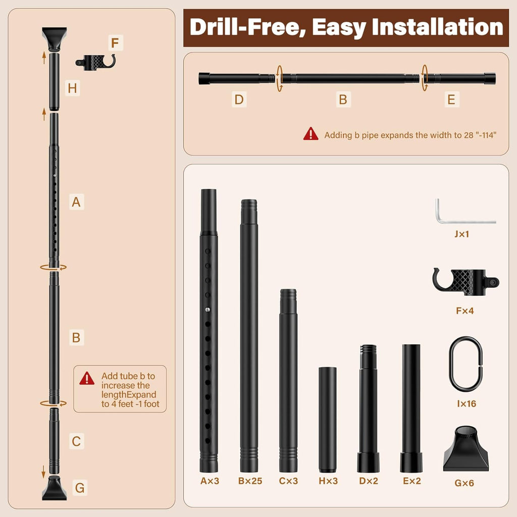 Abiglifty Room Divider Curtain Rod No Drilling, Adjustable 4-10ft(H) 28-114inch(W) Wall Divider for Room Separation, Heavy Duty Floor to Ceiling Tension Curtain Stand, Black