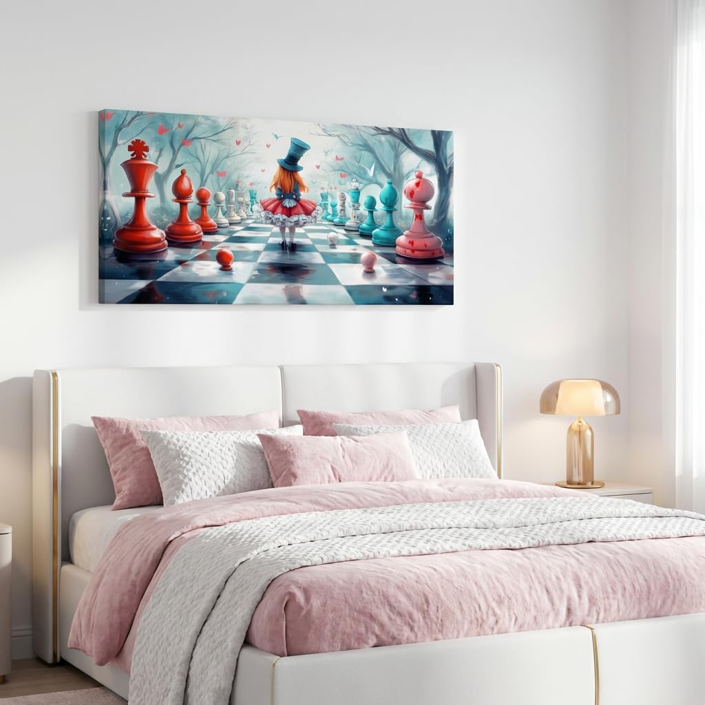 ZESTRILIA Alice in Wonderland Chess Canvas Wall Art, Fantasy Surrealist Whimsical Fairy Tale Decor for Living Room, Girls Bedroom Family Room (40x20 Inches)