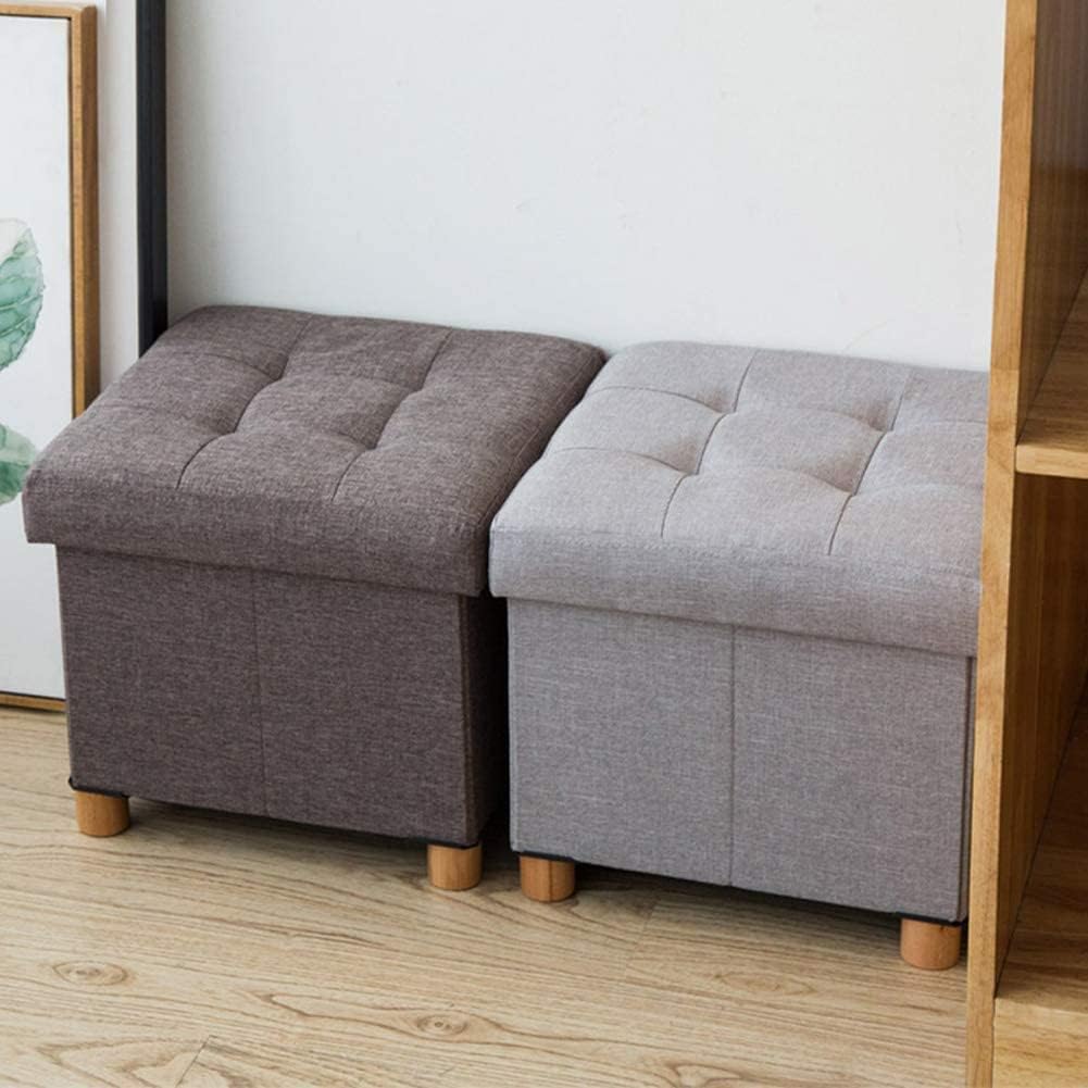 BABYCE Footstool Sofa Stool Storge Ottoman Cube,Comfort Foldable Foot Rest Upholstered Padded Stool Seat Toy Chest Coffee Table with Linen Lid Space Saving-Brown 15x15x14in