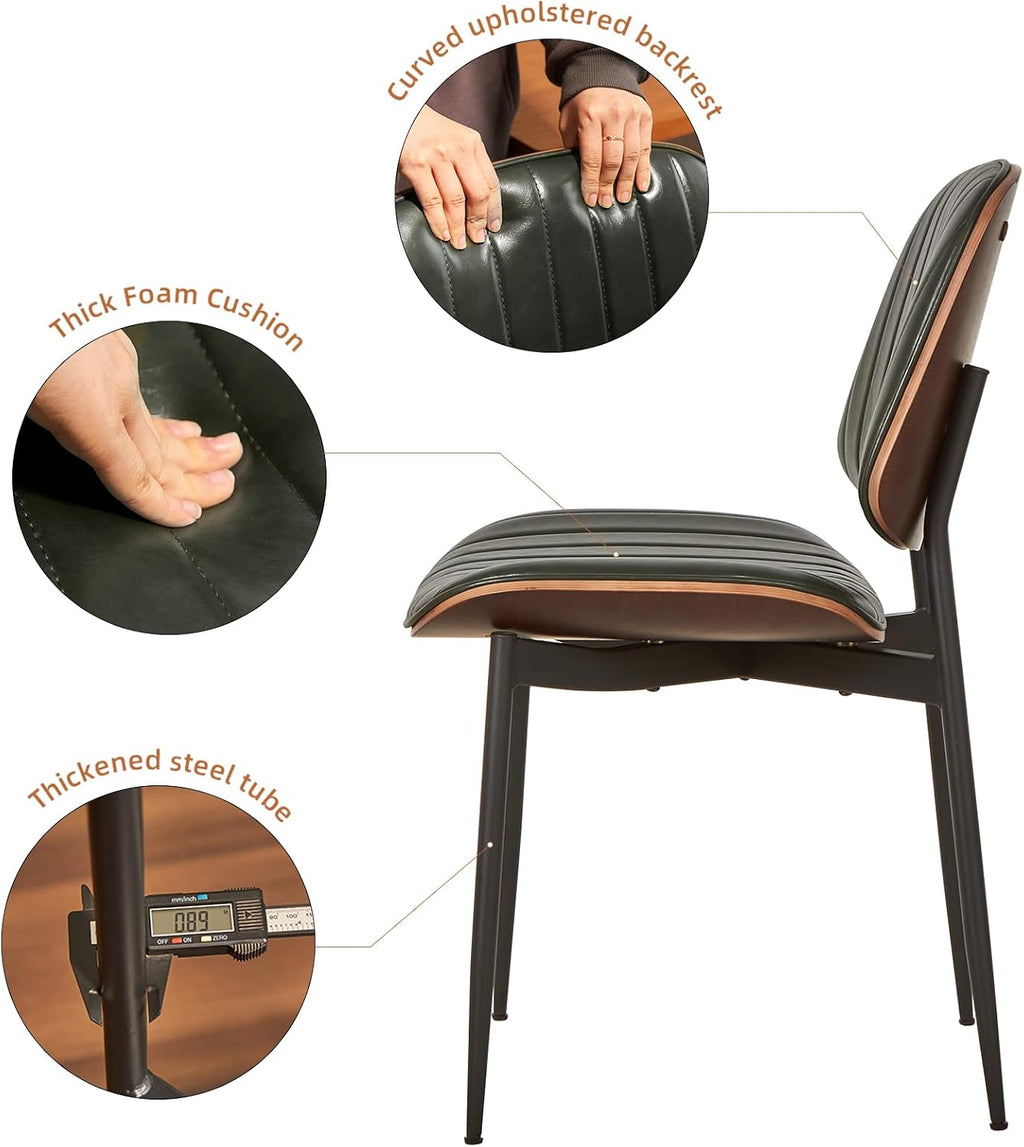 Mid Century Modern Dining Chairs Set of 6, Retro Chair with Faux Leather Upholstered Seat/Back & Metal Legs & Leg Protectors for Kitchen (Dark Green)