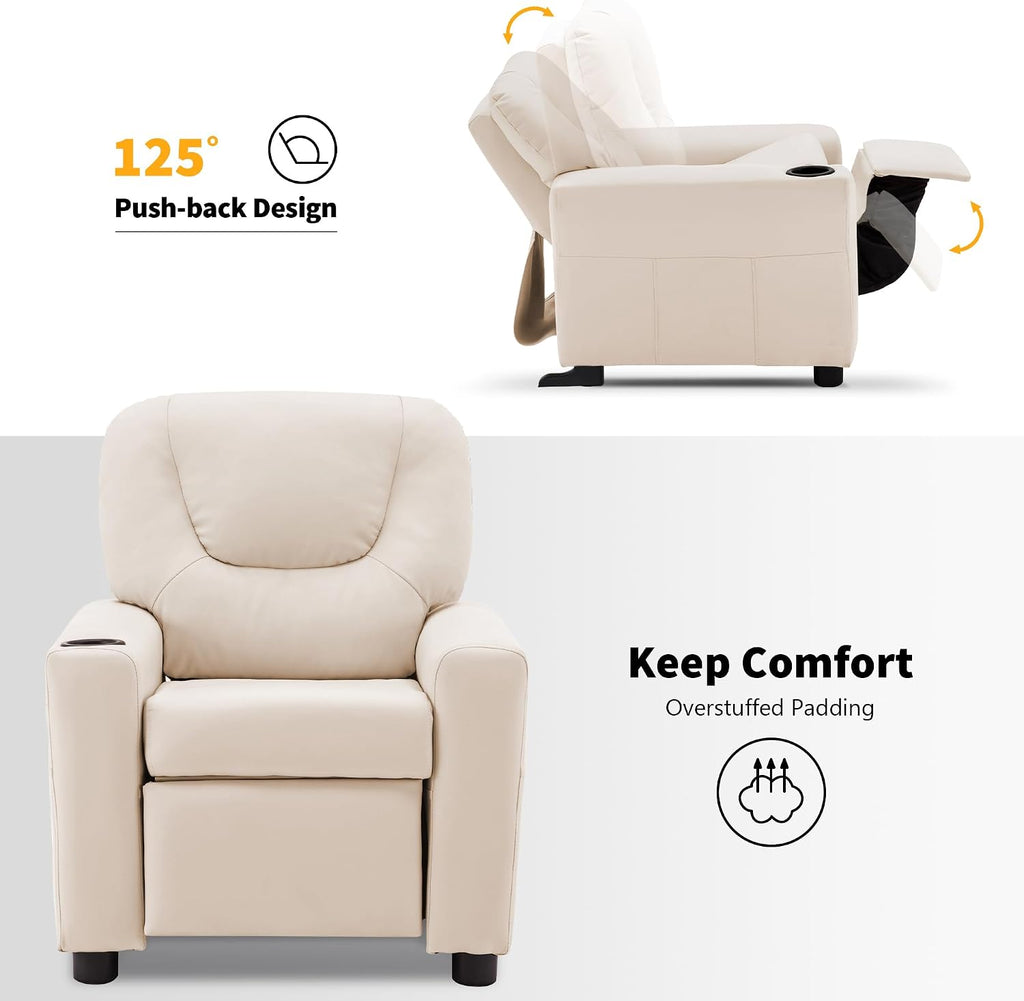 MCombo Kids Recliner Chair Armrest Sofa Couch with Cup Holder for Toddlers Boys Girls, Faux Leather 7240 (White)