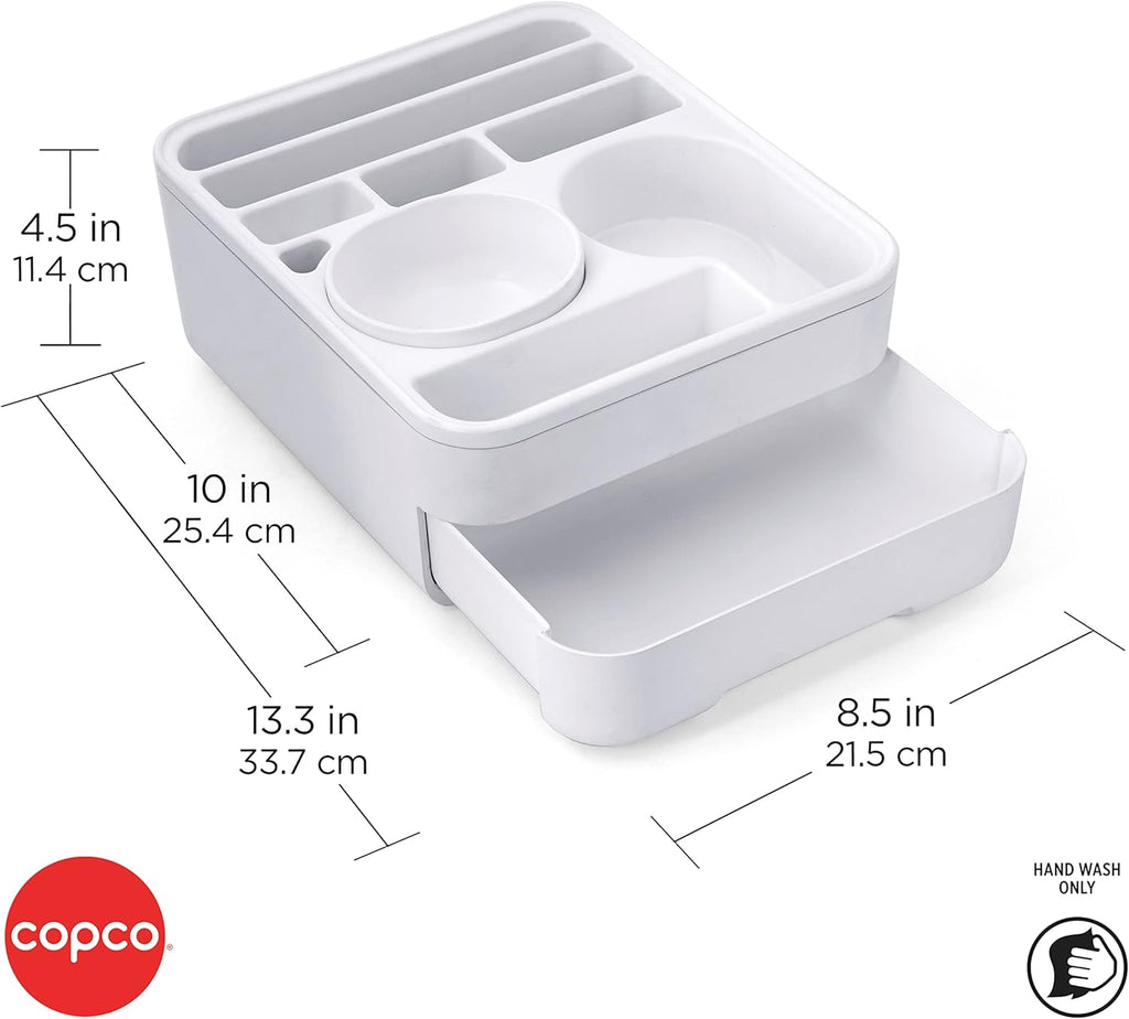 Copco Home Office Caddy Lazy Susan Organizer with Removable Snack Cup and Drawer - Desktop Turntable Storage for Snacks, Tablets, Phones, Remotes, Headphones - 10 x 8.5 x 4.5 Inches