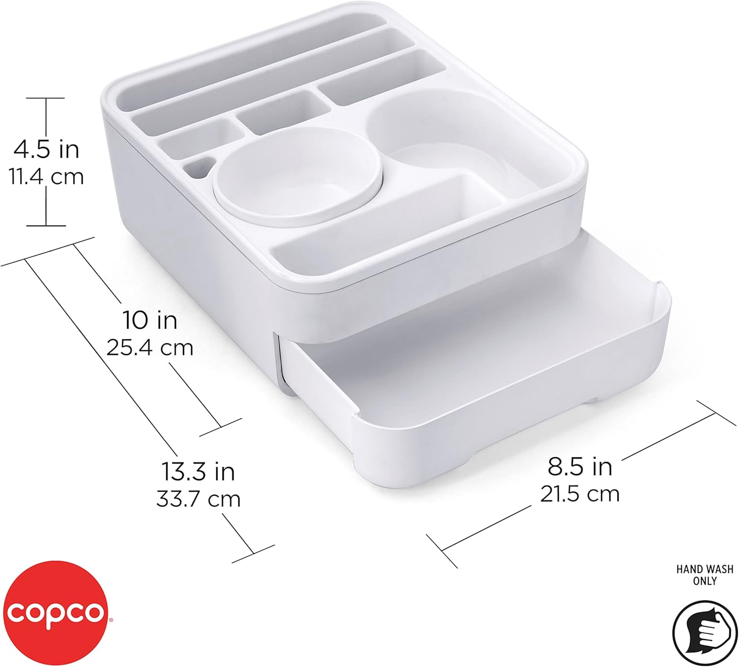 Copco Home Office Caddy Lazy Susan Organizer with Removable Snack Cup and Drawer - Desktop Turntable Storage for Snacks, Tablets, Phones, Remotes, Headphones - 10 x 8.5 x 4.5 Inches