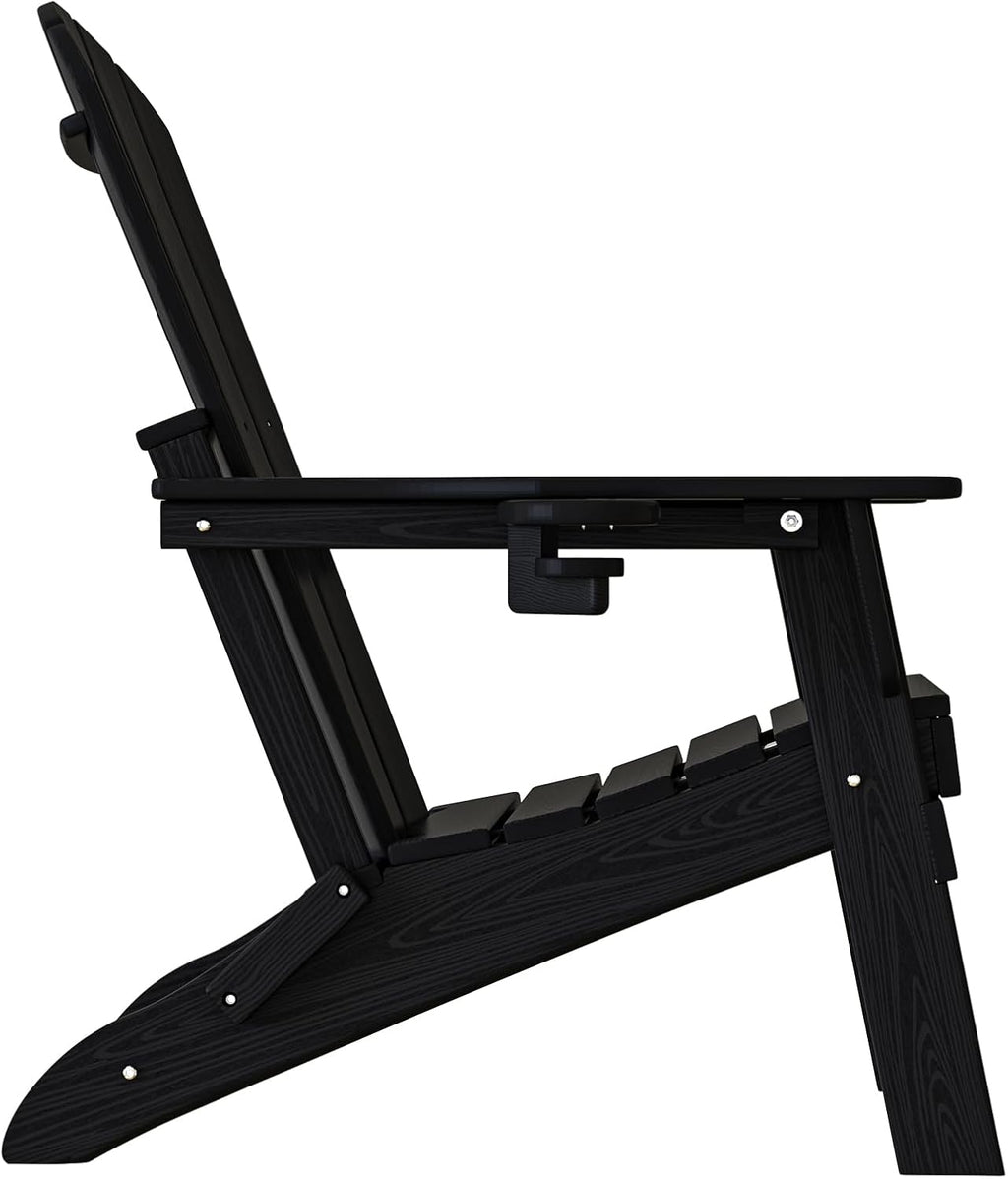 Plawdlik Folding Adirondack Chair Set of 4, Cup Holder，Wooden Textured ，Heavy All-Weather HDPE Comfortable Set Poolside Backyard Lawn Black