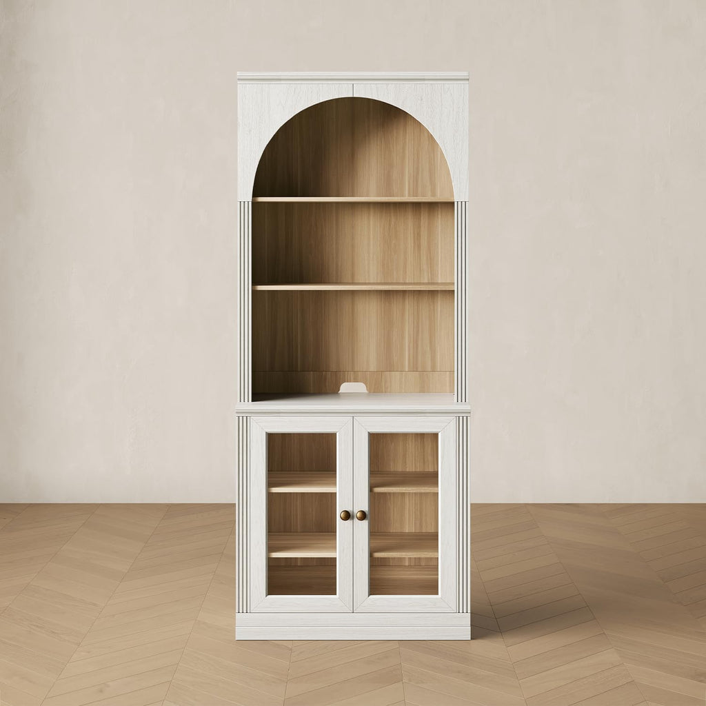 CHIC HOUSE Monos 77" Tall Arched Bookcase with Acrylic Doors, Storage Cabinet with Hutch, Fluted Display Accent Cabinet with Shelves, Modular Buffet Sideboard Coffee Bar for Living Room, White