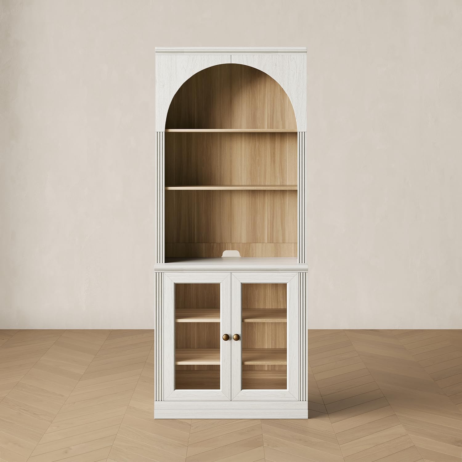 CHIC HOUSE Monos 77" Tall Arched Bookcase with Acrylic Doors, Storage Cabinet with Hutch, Fluted Display Accent Cabinet with Shelves, Modular Buffet Sideboard Coffee Bar for Living Room, White
