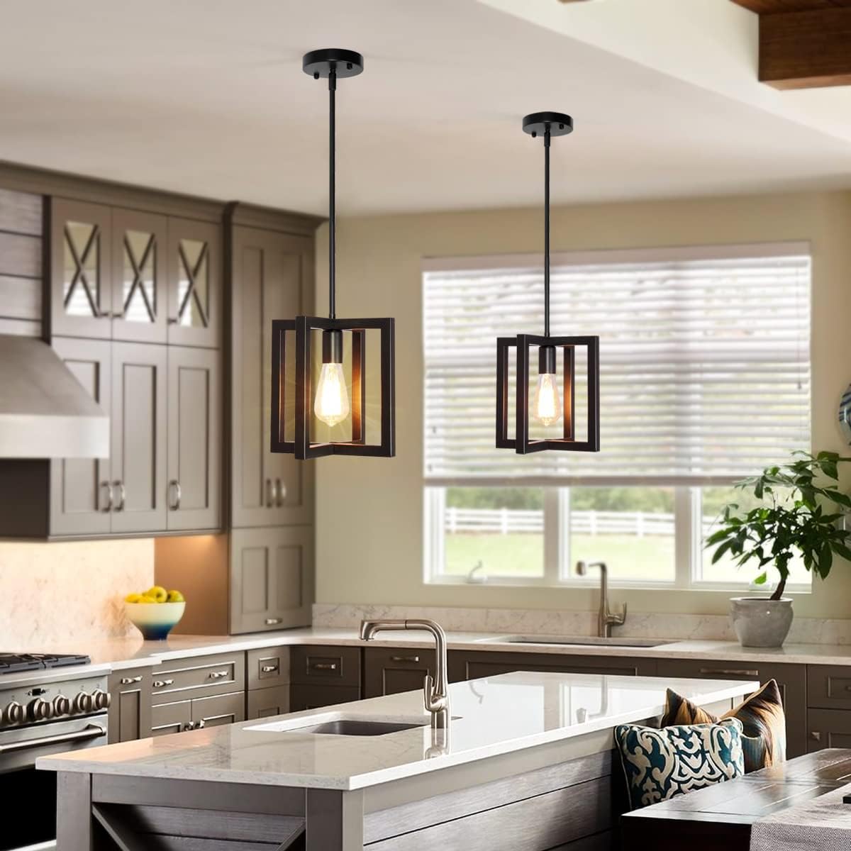 Modern Pendant Lighting for Kitchen Island 1-Light Farmhouse Black Light Fixtures Hanging Adjustable Small Square Chandeliers Ceiling for Dining Room Entryway Hallway