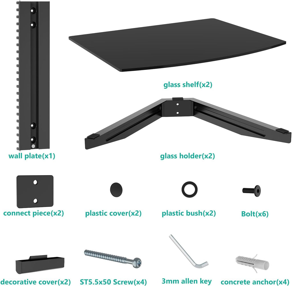 WALI Floating TV Shelf, 2 Tier Glass Projector Shelf for DVD Players, Routers, Game Consoles, Cable Boxes, Living Room Decor, Wall Mount Shelves Hold Up to 17.6lbs (CS202B), 2-Shelf, Black