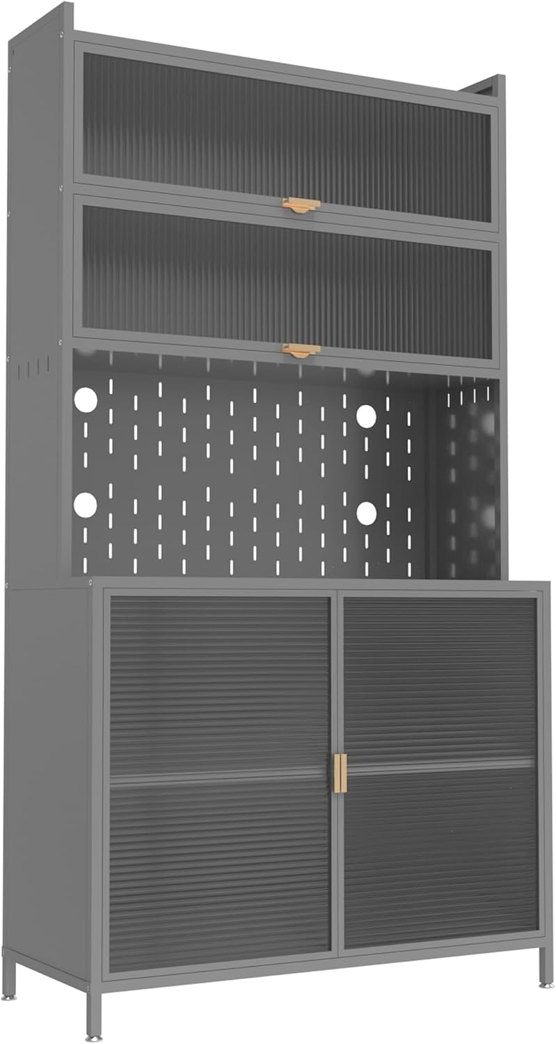 73 inch Modern Kitchen Pantry Cabinet, Tall Metal Storage Cabinet with Flip Door&Microwave Stand, Freestanding Large Capacity Hutch Organizer with Open Shelves for Kitchen, Dining Room, Living Room