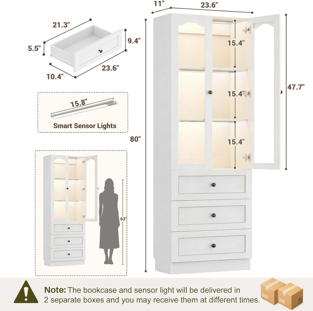Cyclysio 80" Tall Pantry Cabinet, Kitchen Storage Cabinet with 3 Motion Sensor LED Lights, Arched Glass Doors, 3 Drawers, 3.15" Baseboard Cutout, White Pantry for Dining Room, Living Room