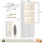 Cyclysio 80" Tall Pantry Cabinet, Kitchen Storage Cabinet with 3 Motion Sensor LED Lights, Arched Glass Doors, 3 Drawers, 3.15" Baseboard Cutout, White Pantry for Dining Room, Living Room