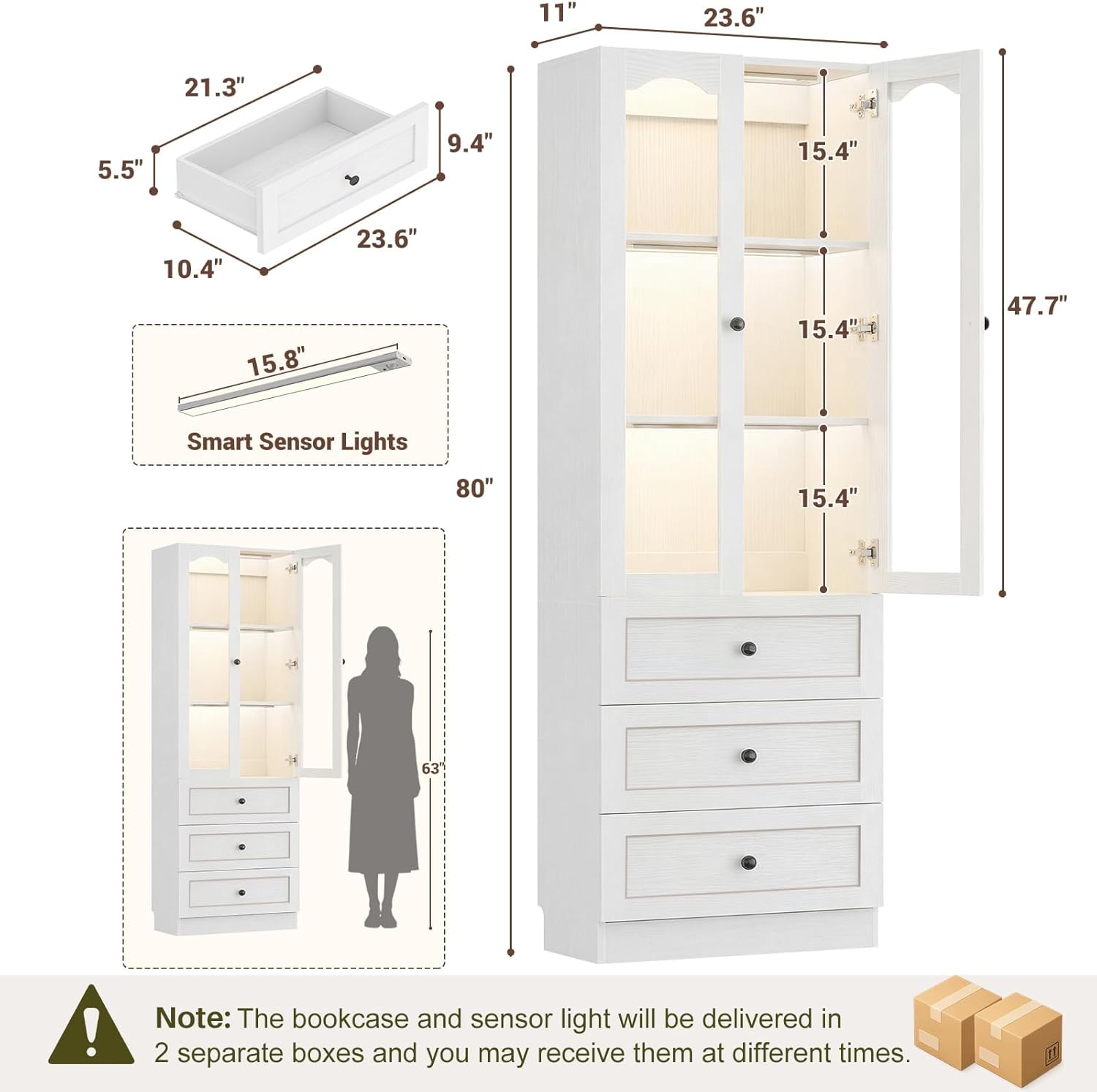 Cyclysio 80" Tall Pantry Cabinet, Kitchen Storage Cabinet with 3 Motion Sensor LED Lights, Arched Glass Doors, 3 Drawers, 3.15" Baseboard Cutout, White Pantry for Dining Room, Living Room