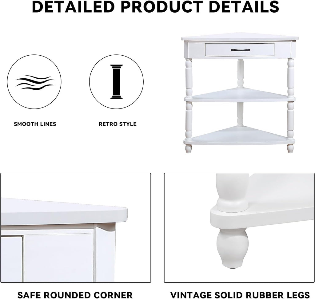 Small Corner Table with Drawer, Wood 3 Tier Triangle Side Table Corner Shelf Stand with 2 Open Shelves, Farmhouse Narrow Cabinet Organizer for Living Room, Small Spaces, Milk White