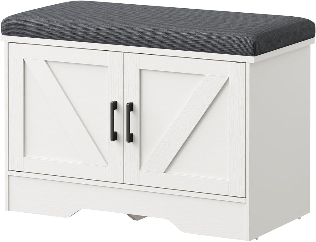 Sweetcrispy 28 Inch Storage Bench with Padded Cushion, Entryway Shoe Organizer Cabinet with 2 Doors and Adjustable Shelves for Hallway, Bedroom, Living Room, and Mudroom, White