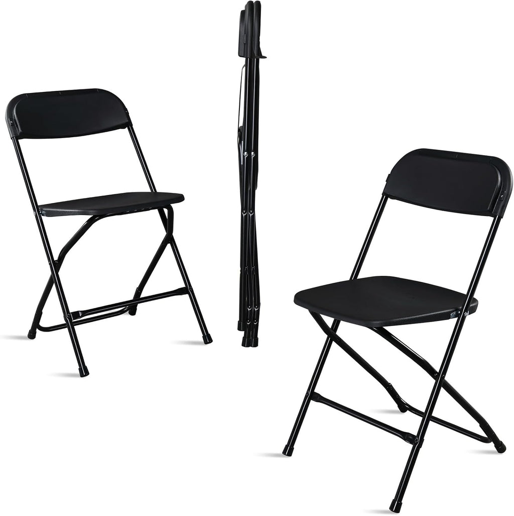Black Plastic Folding Chairs | Steel Frame, 350 lbs Capacity, Indoor/Outdoor, Set of 4