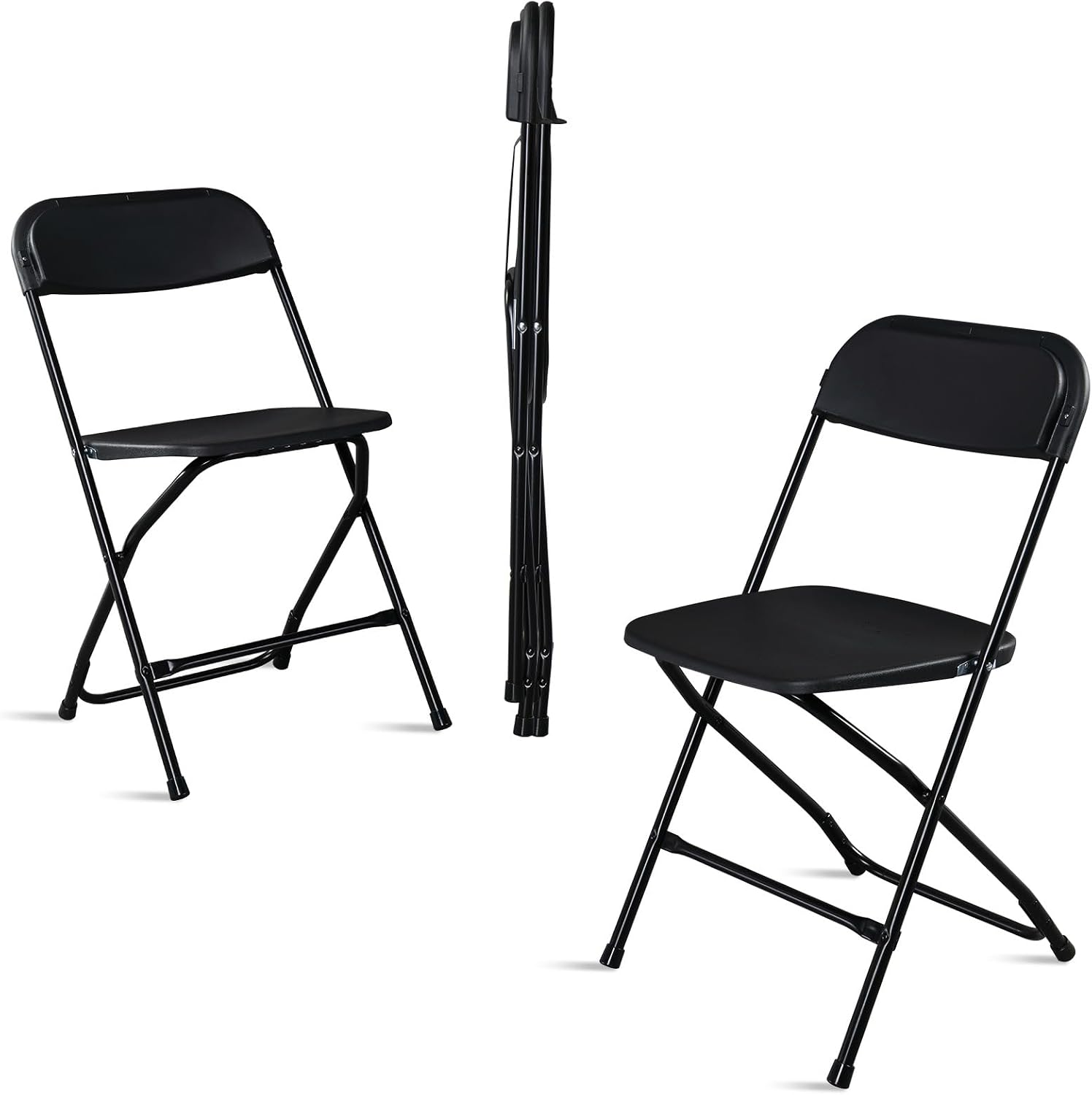Black Plastic Folding Chairs | Steel Frame, 350 lbs Capacity, Indoor/Outdoor, Set of 4