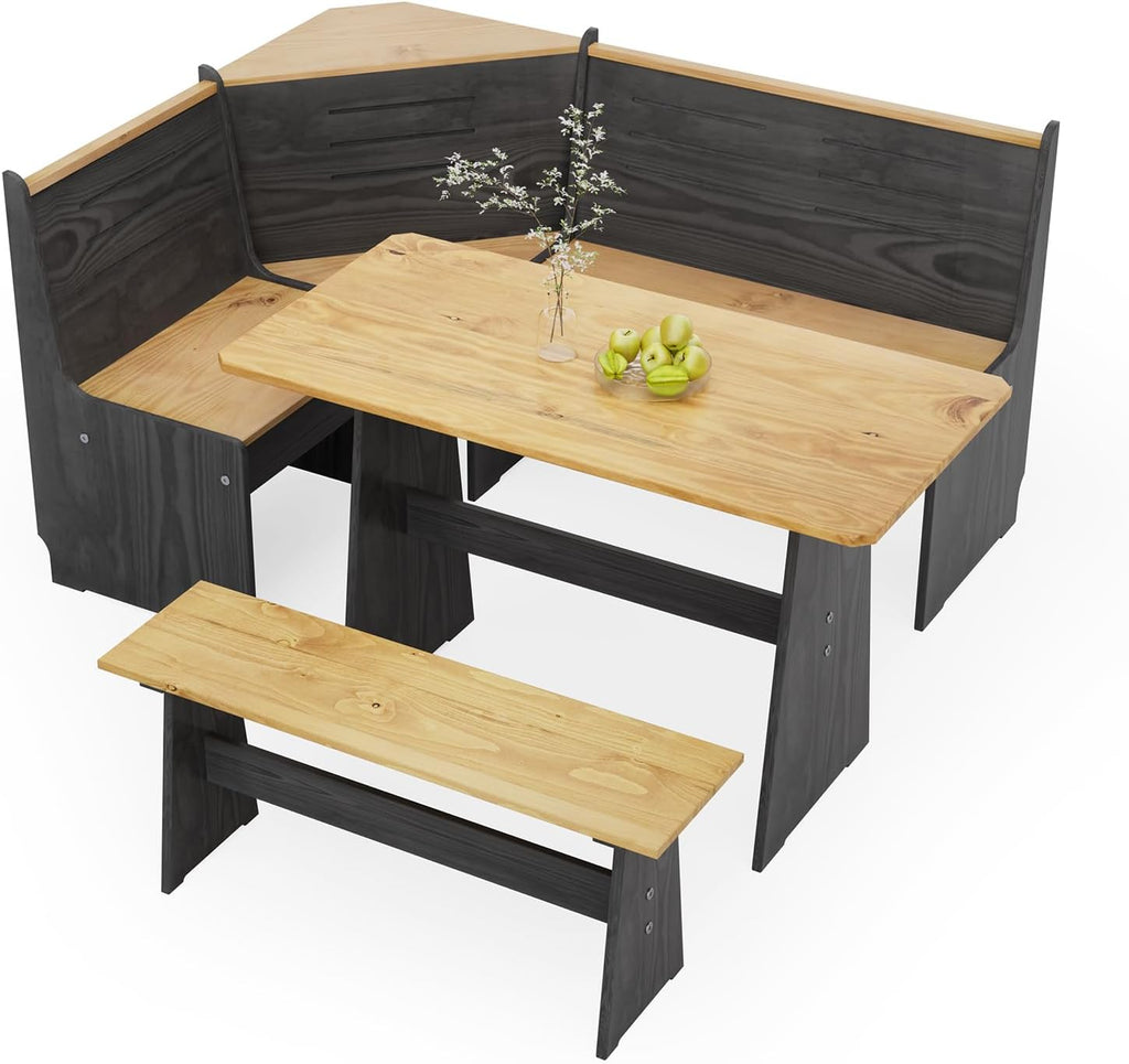 Kitchen Breakfast Nook Table Set - Solid Wood Corner Bench Dining Set for 4-6 People, L Shaped Bench for Dinner Room, Space Saving Kitchen Booth Seating with Table for Small Space, Ink Black