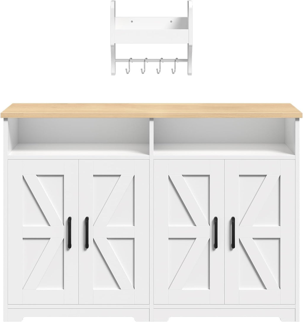 YATINEY Coffee Bar Cabinet, Kitchen Island with Storage, Farmhouse Sideboard Buffet Cabinet with Dual-Purpose Floating Shelf and Hooks, for Restaurant, Living Room, White and Natural KF32WN