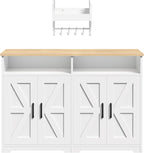 YATINEY Coffee Bar Cabinet, Kitchen Island with Storage, Farmhouse Sideboard Buffet Cabinet with Dual-Purpose Floating Shelf and Hooks, for Restaurant, Living Room, White and Natural KF32WN