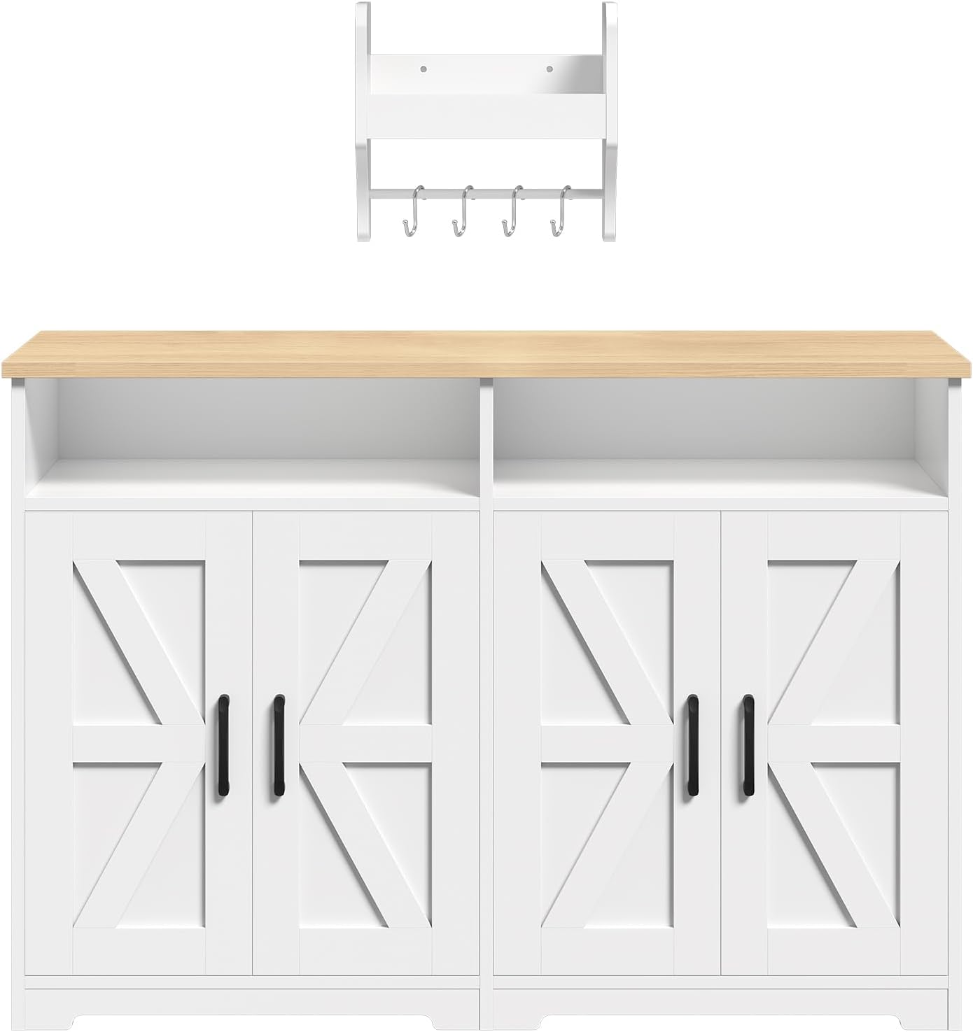 YATINEY Coffee Bar Cabinet, Kitchen Island with Storage, Farmhouse Sideboard Buffet Cabinet with Dual-Purpose Floating Shelf and Hooks, for Restaurant, Living Room, White and Natural KF32WN