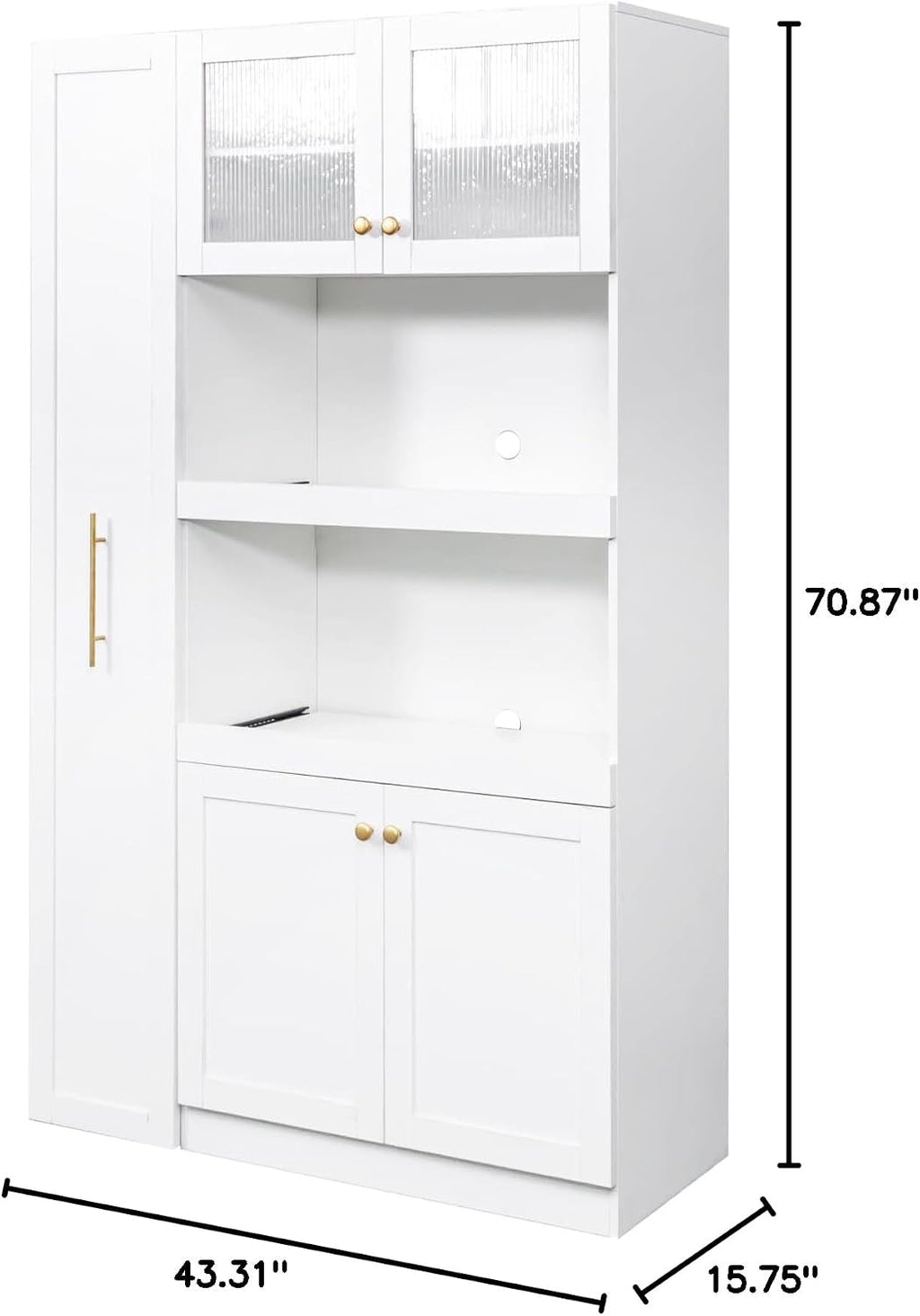 Freestanding Storage Cabinet with 2 Shelves, French Door & Double Door & Single Door, Rectangular Kitchen Pantry, Modern Minimalist, for Living Room, Dining Room, White
