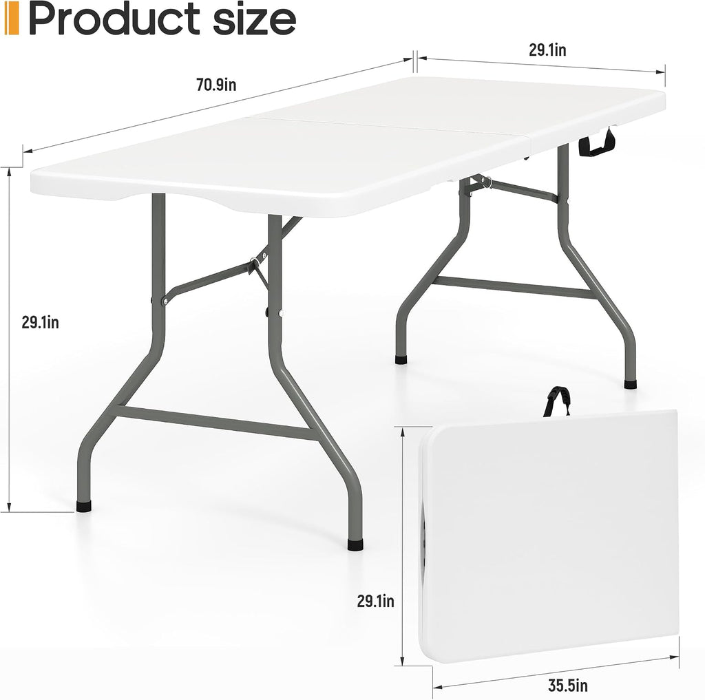 SKONYON 6ft Folding Table Heavy Duty 350 LBS Foldable Table with 18% Thicker HDPE Top Reinforced Steel Frame Portable Fold-in-Half Table Under 22 lbs for Outdoor Indoor Party Wedding Camping White