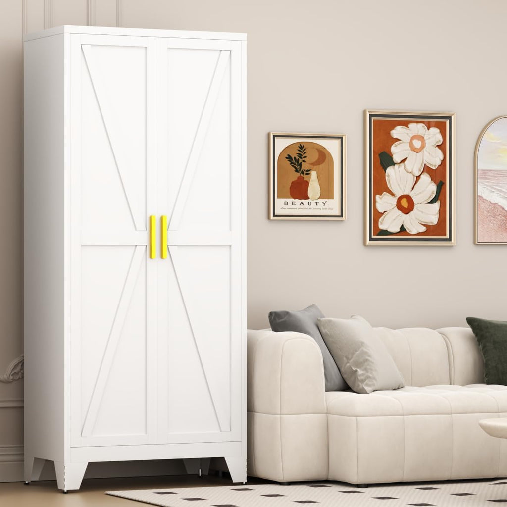 61" Tall Pantry Cabinet, White Metal Pantry Storage Cabinet, Kitchen Pantry Storage Cabinets with 2 Door and 3 Adjustable Shelves (White, 61" Modern)