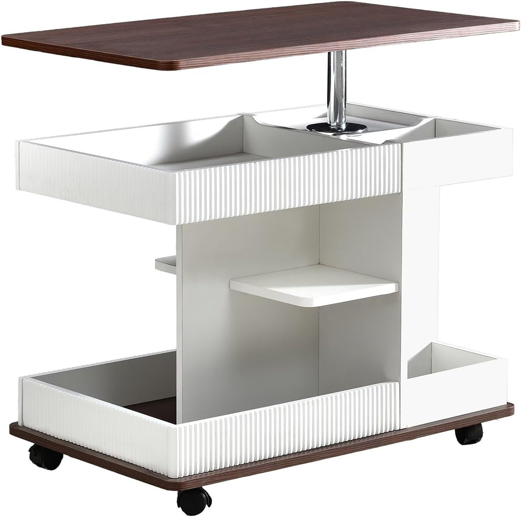 29.5" Adjustable End Table with Wheels, Modern Multifunctional Sofa Side Table with Lift-Top, 360°Rotating Top and Storage Space for Living Room, Small Space, Brown+White