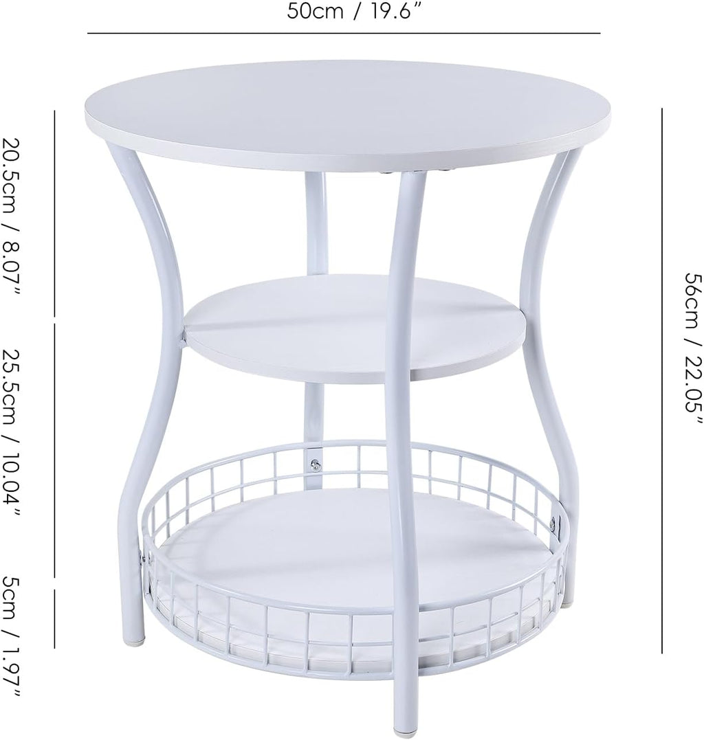 Round Side Table, 3-Tier Circular End Table with Storage Shelf,White Accent Sofa Table for Small Spaces,Round Corner Coffee Table for Living Room, Bedroom,19.6 inch Diameter
