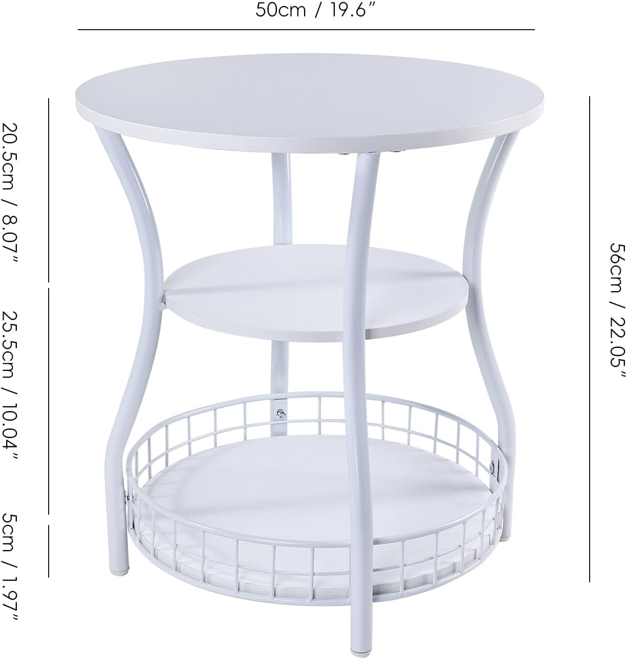 Round Side Table, 3-Tier Circular End Table with Storage Shelf,White Accent Sofa Table for Small Spaces,Round Corner Coffee Table for Living Room, Bedroom,19.6 inch Diameter