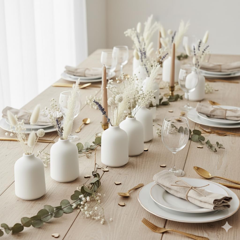 Carrot's Den - Set of 6 White Mini Ceramic Vases for Home Decor | Boho Bud Vases in Bulk for Dry Flowers + House Plants | Wedding, Home, Centerpiece, Modern, Japandi, Farmhouse, Minimalist