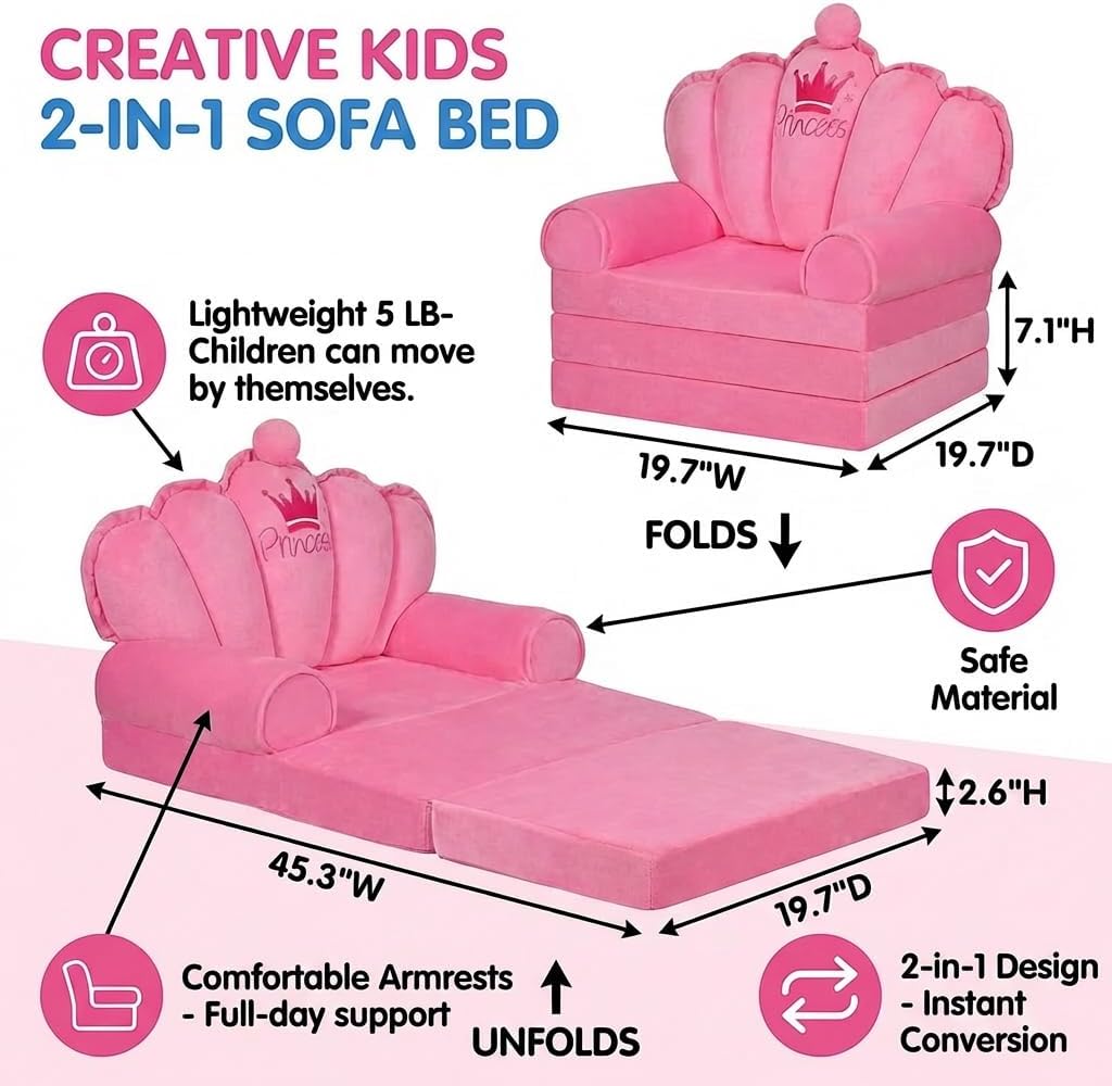 Pink Princess Toddler Couch, 2-in-1 Foldable Sofa Bed & Chair for Kids 1-5, Space-Saving for Small Rooms, Fits Multiple Spaces, Flexible Layout, Comfy Crystal Velvet, Playroom Gift