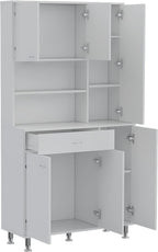 Kitchen Pantry Cabinet with Drawer: Two Open Shelves Multiple Cabinets White Modern Design - Metal Handles & Feet for Small Restaurant Cafe Storage Commercial Use
