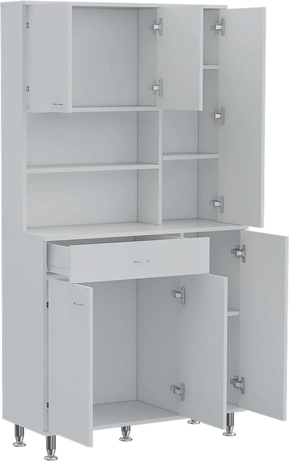 Kitchen Pantry Cabinet with Drawer: Two Open Shelves Multiple Cabinets White Modern Design - Metal Handles & Feet for Small Restaurant Cafe Storage Commercial Use