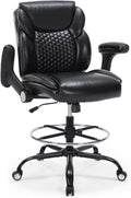 Drafting Chair, Tall Office Chair with Adjustable Armrests Mid-Back Standing Desk Chair with Footrest Ring, PU Leather High Executive Desk Chair Counter Height Office Chair for Home and Office, Black