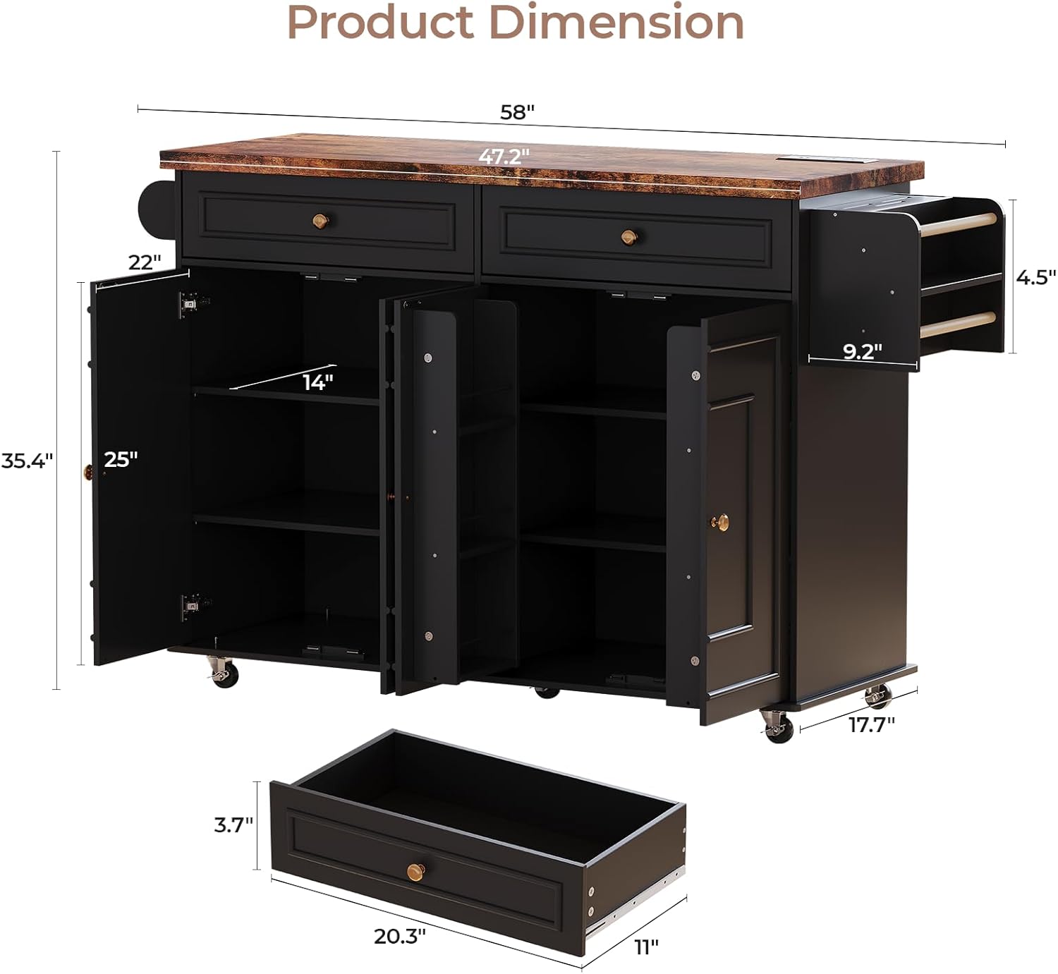 58 Inch Kitchen Island with Storage Cabinet, Island Table for Kitchen, Rolling Islands Cart with Power Outlet, Adjustable Shelves, Drawers, Spice and Towel & Knife Racks, Black