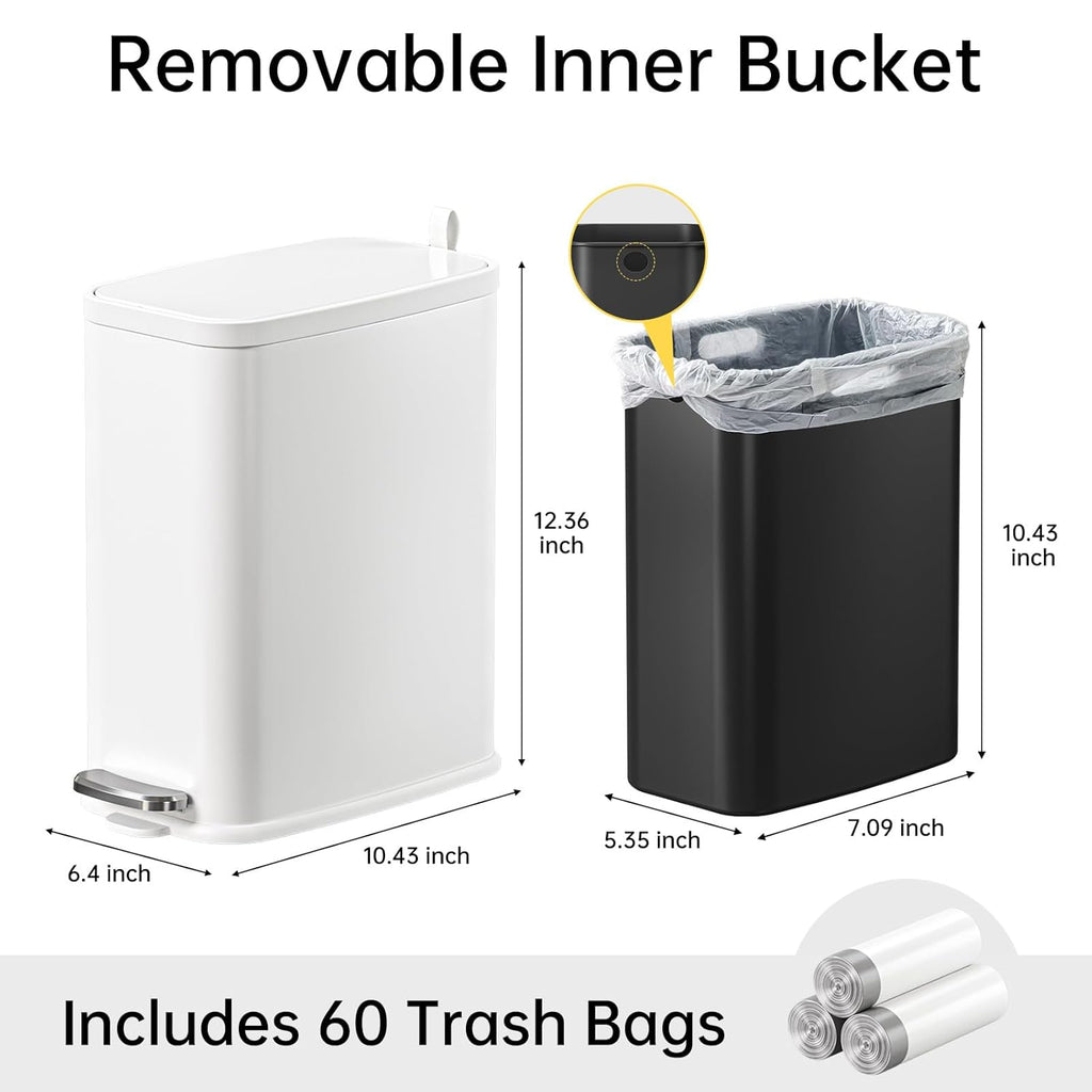 Small Bathroom Trash Can with Lid Soft Close, Step Pedal, 1.6 Gallon White Stainless Steel Slim Garbage Can with Removable Inner Bucket, Includes 60 Trash Bags for Home Bedroom