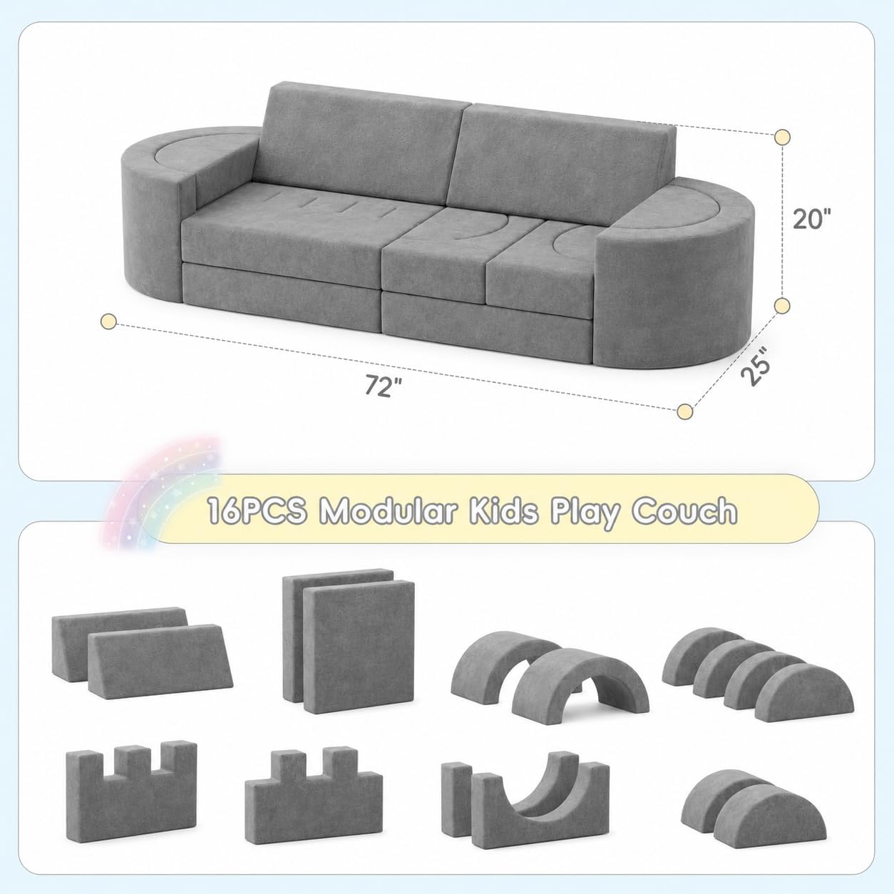 TOLEAD 16 Pcs Modular Kids Play Couch, 68" Large Foam Sofa for Toddlers & Kids, Imaginative Convertible Play Sofa for Living Room & Playroom