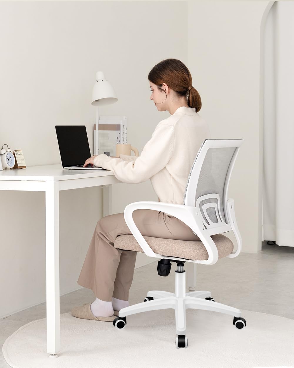 NEO CHAIR Office Desk Computer Chair Ergonomic Mesh Gaming Cushion Seat with Comfy Lumbar Mid Back Support Adjustable Height Swivel Rolling Wheels for Home Task (Beige)